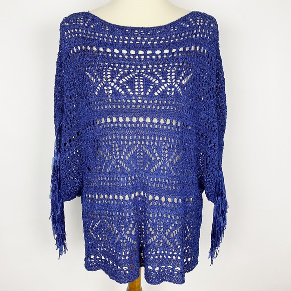 WHITE HOUSE BLACK MARKET Blue Fringe Kimono Sleeve Poncho Sweater Womens Size M - Picture 1 of 7